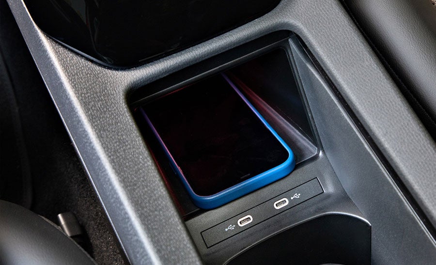 ID.4 center console, wireless phone charger.